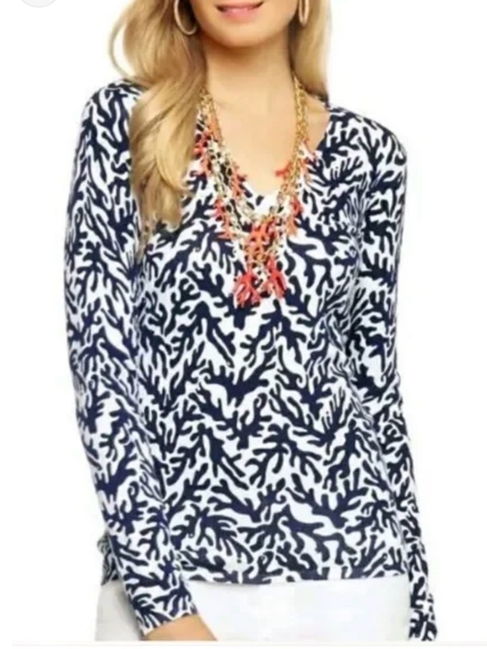 Lilly Pulitzer Navy and White coral print V-Neck Long Sleeve Top